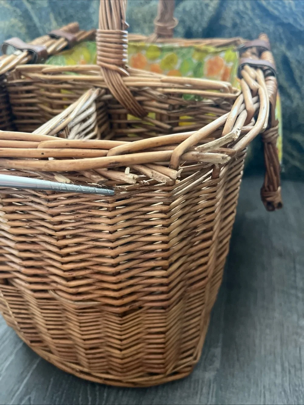 Boho Cottage Vintage Wicker Picnic Basket with Green Roll-Up Placemat Napkins